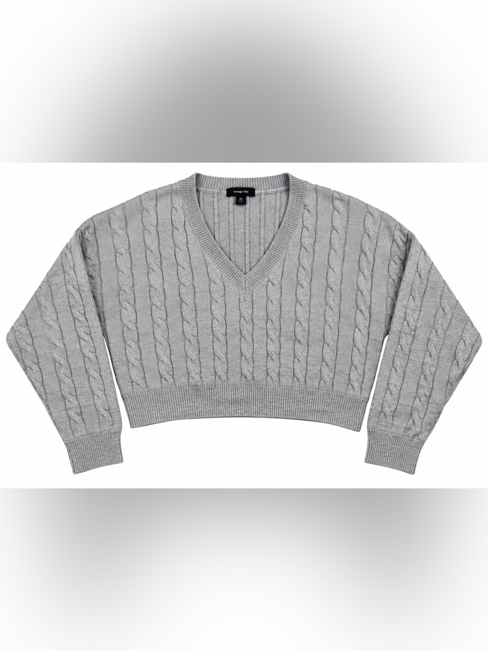 Gray Cable Knit V-Neck Cropped Sweater Women’s Size Medium M
